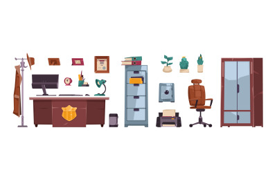 Detective office set. Police department interior elements, investigato