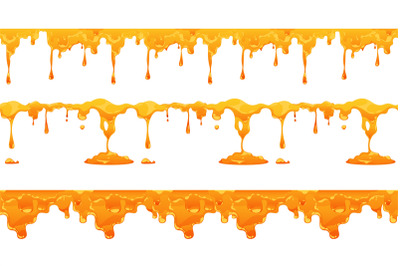 Honey drip pattern. Seamless print with pouring bee sweet nectar, melt
