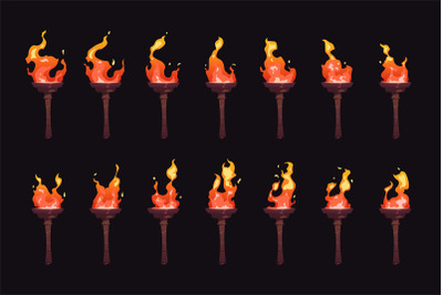 Torch burning sequence. Sprite animation frame set, cartoon medieval f