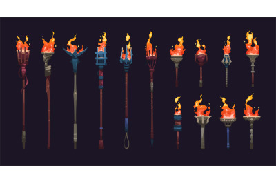Cartoon burning torch. Sprite animation frame collection of medieval b