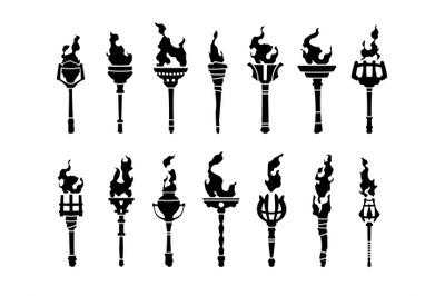 Black torch icons. Medieval burning fire blaze silhouettes, fiery flam