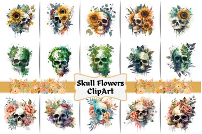 Watercolor Floral Skulls Clipart