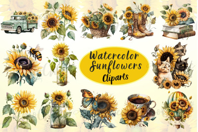 Watercolor Sunflowers Clipart Sublimation Bundle