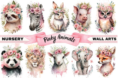 Watercolor Pinky Baby Animals Nursery Wall Art