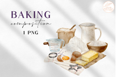 Watercolor Baking Ingredients Clipart. Flour, Butter, Eggs, Milk PNG
