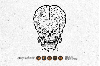 Scary skull head monster zombie brain illustrations monochrome