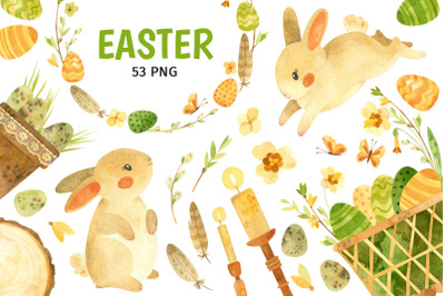 Easter Eggs, Cute Bunny and Spring Flowers. Watercolor clipart