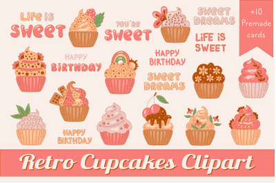 Retro Cupcakes Clipart &amp; Premade cards