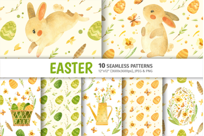 Easter seamless patterns with cute bunny, spring, flowers, Easter eggs
