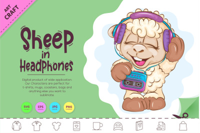 Cartoon Sheep in Headphones. Clipart.