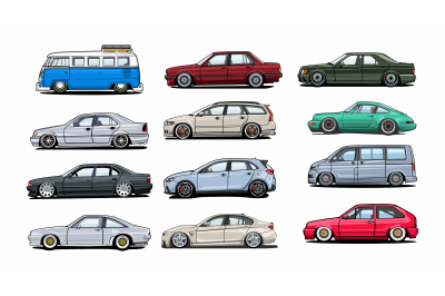 Big set of different models of cars. Vector flat style illustration