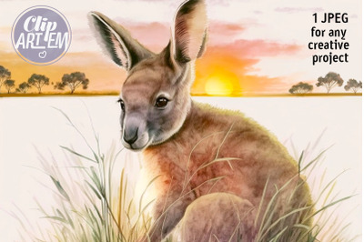 Kangaroo Sunset Digital Print Watercolor JPEG Wall Decor Image File
