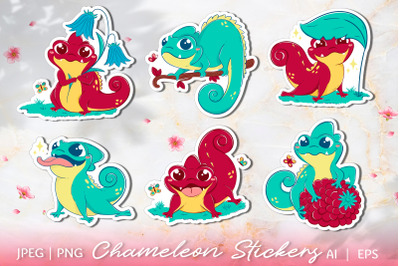 Cute kawaii chameleon stickers | 6 spring lizard PNG