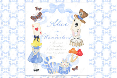 Alice in wonderland Watercolor Clipart DIY