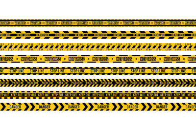 Yellow police tape. Crime scene ribbons and Do not cross stripe, dange