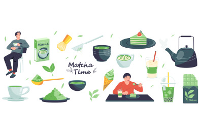 People with matcha. Cartoon characters with green tea, using matcha po