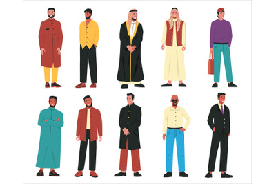 Muslim men. Modern arabic male characters wearing traditional arab clo