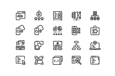 App development line icons. Software coding, front and backend develop