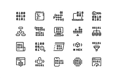 Programming code line icons. Binary hex and machine code compiling and