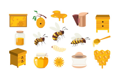 Honey cartoon collection. Beekeeping sweet elements, honeybee beeswax