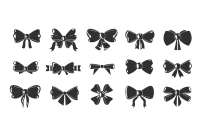 Black bows icons. Decorative bowknot silhouettes different shapes, gif