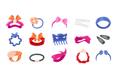 Hair ties. Cute hairpin hairband bow scrunchy icons, cartoon girlish f