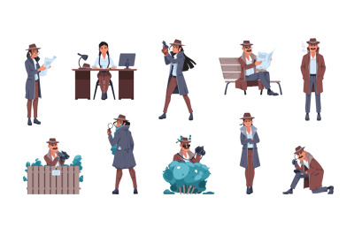 Man and woman detective. Cartoon private inspector characters investig