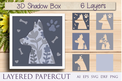 Dog shadow box svg, 3d layered papercut animal