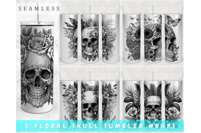 Skull and Flowers Tumbler Wraps Bundle, 20 Oz Skinny Tumbler Skull PNG