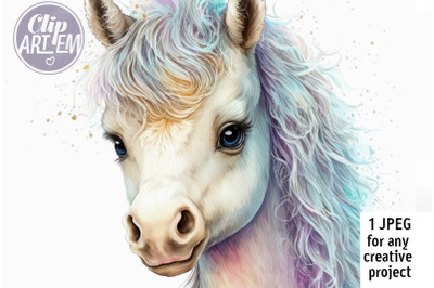 Cute White Pony Digital Image Wall Art Watercolor Decor JPEG