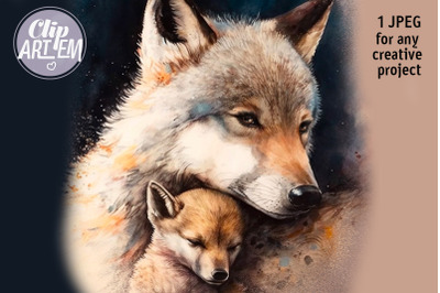 Mother&#039;s Day Wolf Mommy Baby Picture JPEG Watercolor Home Decor