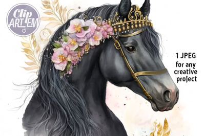 Black Horse with Flowers Watercolor Portrait Wall Decor JPEG Image