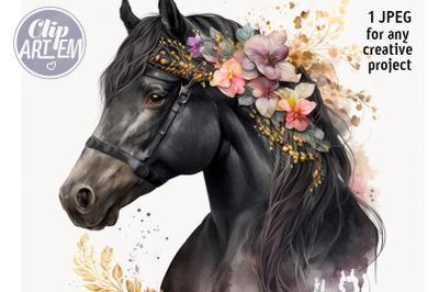 Beautiful Black Horse Vintage Painting  Watercolor JPEG Image Print Fi