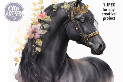 Flowers Black Horse Digital Print Wall Decor JPEG Image