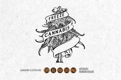 Weed freeze bud plant swirl ribbon banner ornament monochrome