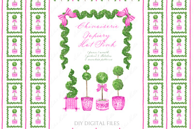 Chinoiserie Hot Pink Topiary. Watercolor Clipart DIY