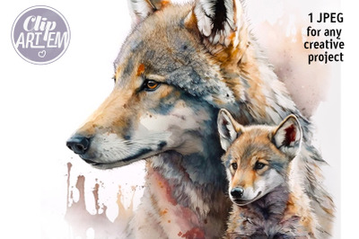 Mommy or Daddy Wolf with Baby Painting Print Watercolor JPEG Image
