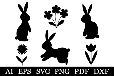 Bunny silhouette SVG. Flowers silhouette. Bunny sublimation