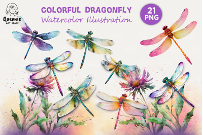 Colorful Dragonfly Watercolor Illustrations Bundle