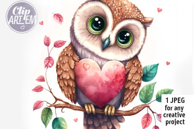 Cute Baby Owl with Red Heart Home Decor JPEG Watercolor Image Dijital