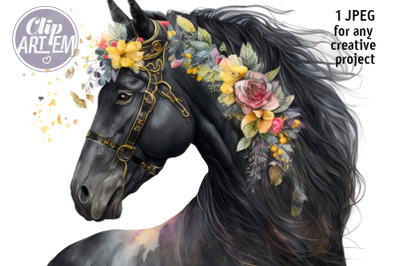 Colorful Floral Graceful Black Horse Wall Art Home Decor JPEG Image