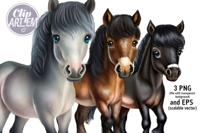 Little Horses Clip Art Vector 3 PNG, EPS Images Black Brown Grey