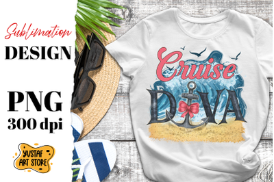 Cruise Diva. Vacation sublimation design. Anchor and ocean illustratio