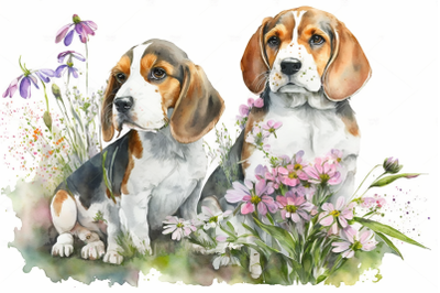 Spring Watercolor Beagle Puppies
