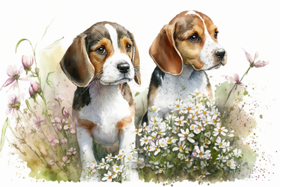 Spring Watercolor Beagle Puppies