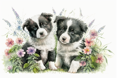 Spring Watercolor Border Collie Puppies