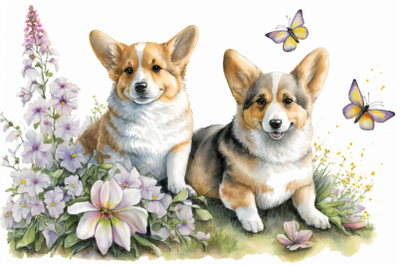 Spring Watercolor Corgi Puppies