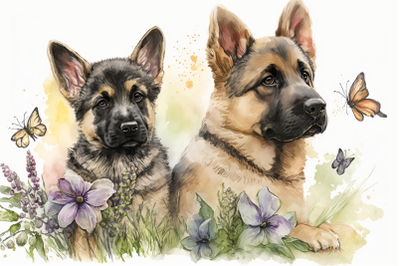 Spring Watercolor German Shepherd Puppies