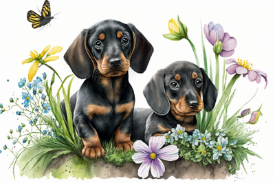 Spring Watercolor Dachshund Puppies