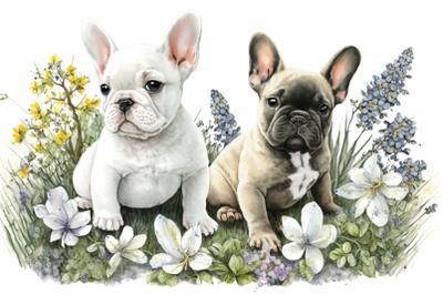 Spring Watercolor French Bulldog Puppies